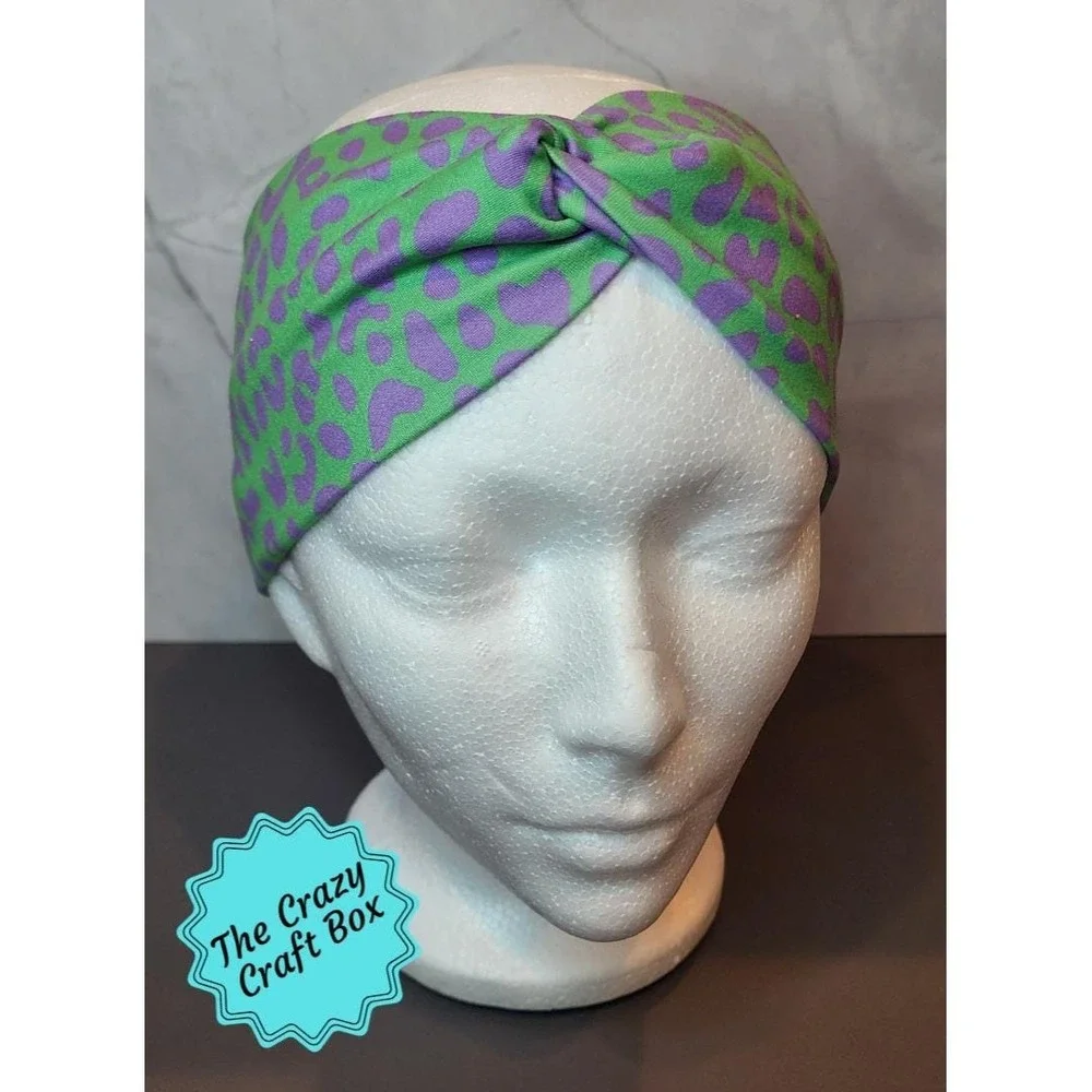 Green & Purple Leopard Print Knotted Headband, Retro Wide Twist Turban Headband